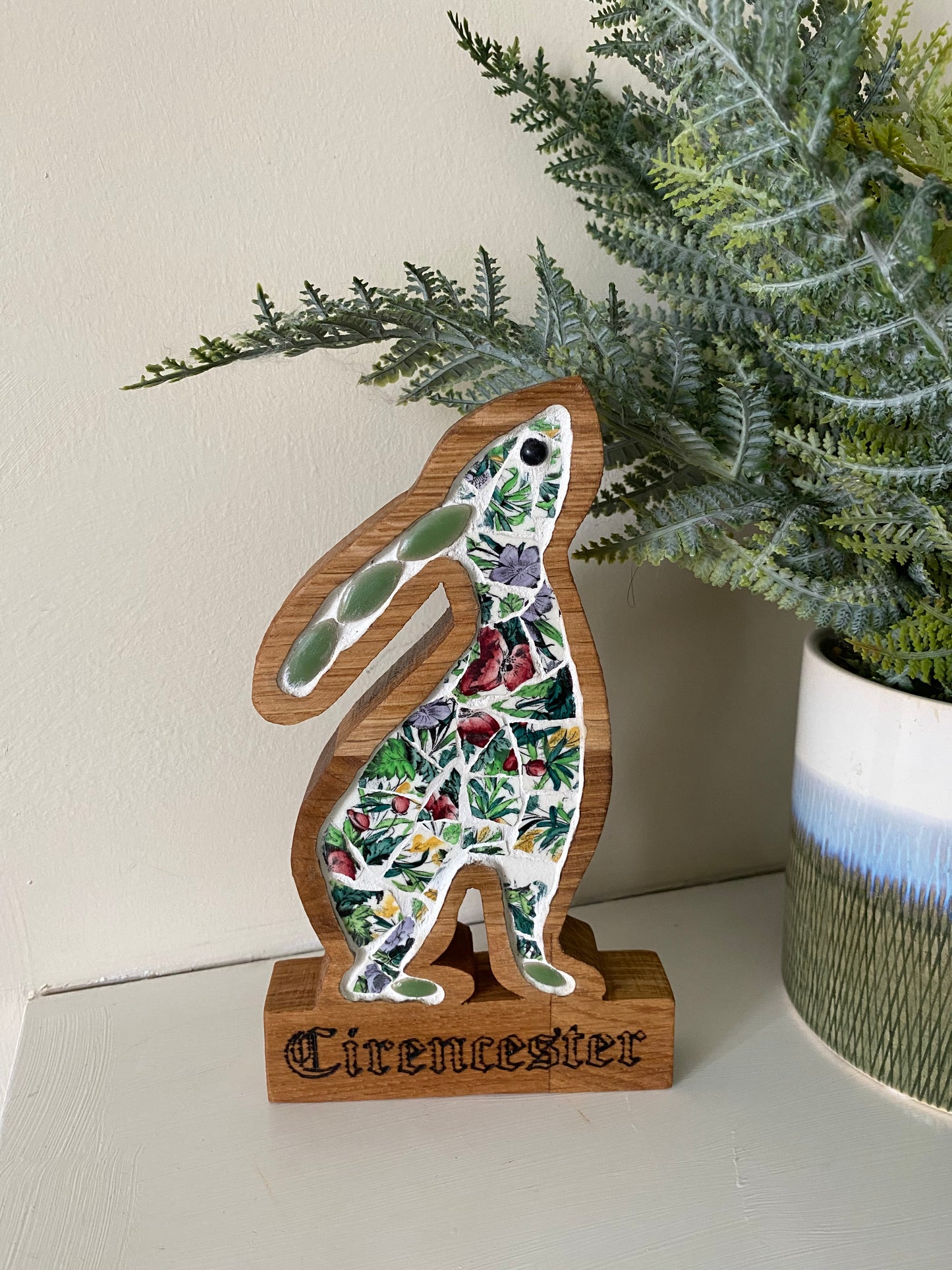 Freestanding small moongazing hare - routed in oak
