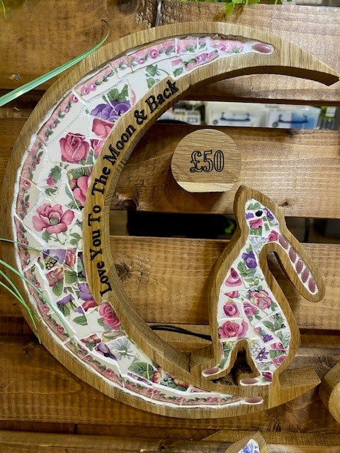 Love you to the moon and back - Oak and mosaic moon and hare