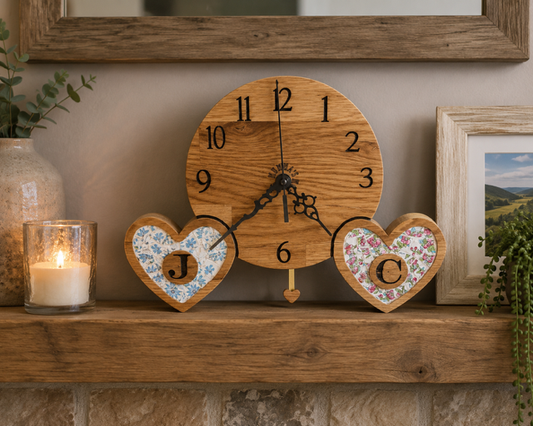 Oak heart clock with personalisation